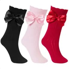 Kit 3 Pares Meia Infantil Bebê Menina Cano Alto Com Laço Luxo Festa Blogueirinha Da Moda Fofa