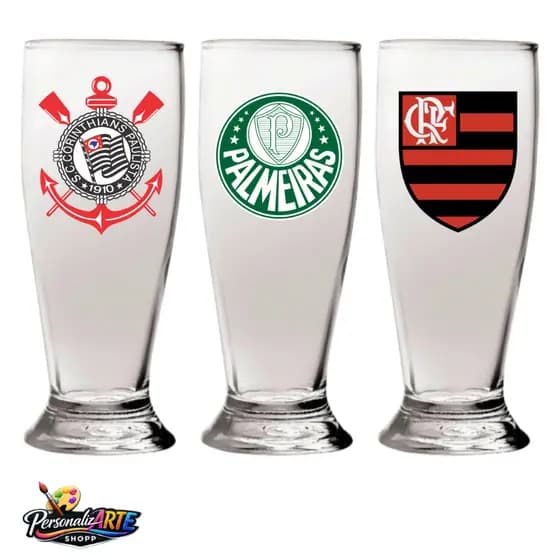Conjunto 6/3 Copos de Cerveja Chopp Vidro Tulipa 200ml Personalizado Com Escudo do Seu Time!
