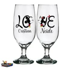 Kit duas taças de cerveja chopp 300ml vidro personalizado Mickey Minnie dia dos namorados!