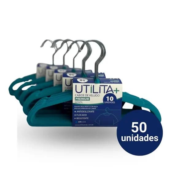 Cabide Veludo Infantil Slim Azul  Kit 50 pçs