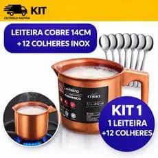 Kits de Leiteira + Colheres de Mesa em Inox, Leiteira Antiaderente Linha Cobre 1,1L 12cm Perfeita Para Leite e Doces