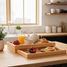 Conjunto Duplo Bandejas Retangulares Madeira Natural Servir Mesa Organizar Decoração