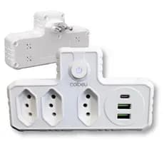 Adaptador de Tomada Profissional 3 Tomadas 2 Interface USB 1 Porta USB Type-C Branco 2500W 10A