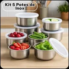 Kit Conjunto 5 Potes Herméticos Tigela Aço Inox Alumínio Bavaria Com Tampa Hermético Redondo
