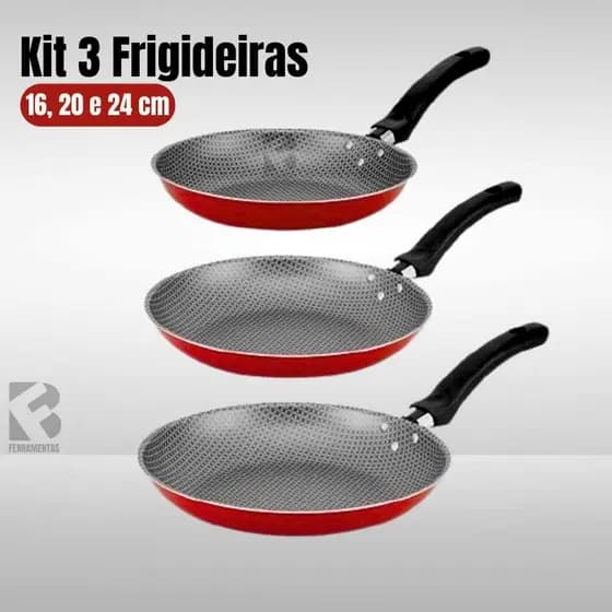 Kit 3 Frigideiras Antiaderente Alegrete 16cm 20cm 24cm Vermelho Cereja Não Gruda Alimento Alumínio