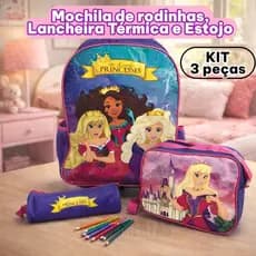Kit Mochila de Rodinhas Princesas Com 3 Peças Mochila Escolar 15L Roxa Lancheira Térmica e Estojo