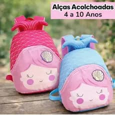 Mochila Feminina Infantil de Sereia Bolsa Escolar Leve Resistente 3L Alças Ajustáveis