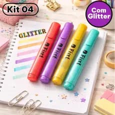 Kit Canetas Marca-texto Com Glitter 4 cores Ponta Hidrográfica para Papel e Estudos com Brilho Destaque e Anotações