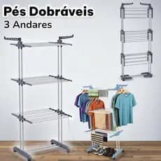 Multi Varal de Chão com Bandejas e Pés Dobráveis 3 Andares com Cabideiro Resistente Ajustável e Leve
