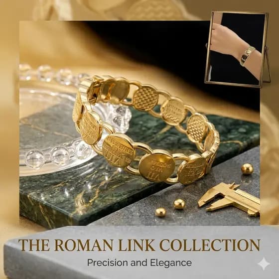 Pulseira feminina de aço inoxidável banhada a ouro com dez comandos e algarismos romanos