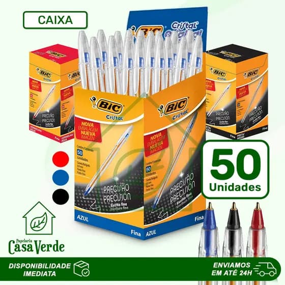 Caixa 50 Canetas Bic Cristal Esferográficas 0.8mm Ponta Fina Cor Azul, Preto ou Vermelho