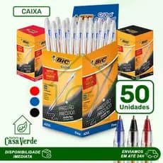 Caixa 50 Canetas Bic Cristal Esferográficas 0.8mm Ponta Fina Cor Azul, Preto ou Vermelho