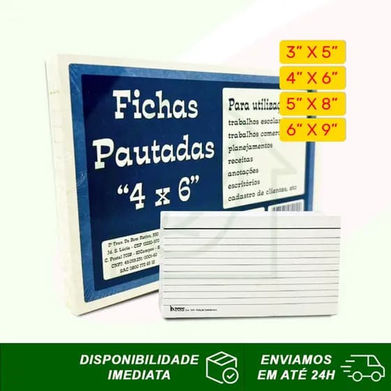 Ficha Pautada Para Anotações ou Controle Com 100 Folhas Diversos Tamanhos 3x5 / 4x6 / 5x8 / 6x9 Tamoio