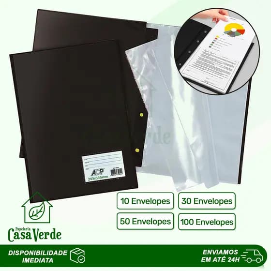Pasta Catálogo com 100, 50, 30 e 10 Envelopes Finos/Grossos Preto e Cristal- ACP