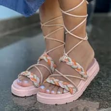 Birken Papate Flat Feminina Modelo Luxo Trança Trançadas de Amarrar Amarração Nude Rosê e Laranja