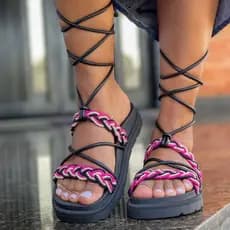 Birken Papate Rasteira Flat Feminina Modelo Luxo Trança Trançadas de Amarrar Amarração Preta e Pink