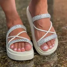 Birken papete rasteira sandália feminina Modelo Luxo Strass Brilho Off White