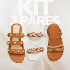 KIT 3 PARES Rasteirinha + Birken Papete Flat Trança, Apliques Spikes e Brilho Strass Caramelo