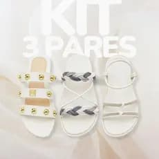 KIT 3 PARES Rasteirinha + Birken Papete Flat Trança, Apliques Spikes e Brilho Strass Off white
