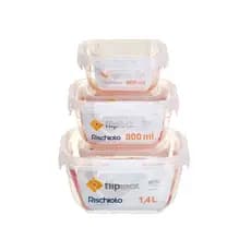 Kit 3 Potes Quadrados FlipLock  P, M e G - (400ml / 800ml / 1400ml