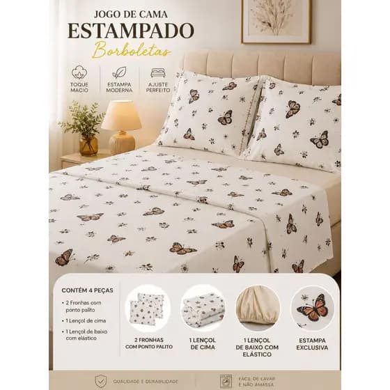 Jogo Lençol Casal Queen 4 Peças  Algodão 200 Fios Estampado Ponto Palito Conforto Premium Leveza