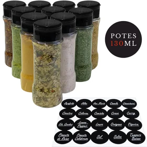 Kit 10 Potes Tempero Condimento 130ml de Plástico com Tampa Dosadora Dupla + Etiquetas