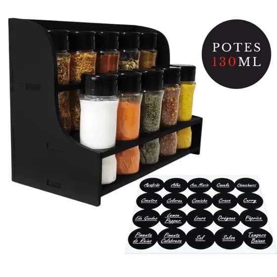 Conjunto de 1 Suporte Madeira para Tempero com Dois Andares + 10 Potes de Tempero Plástico 130ml
