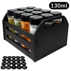 Caixote Porta Temperos Condimentos com 12 Potes 130ml com Tampa Dupla Acompanha Etiquetas