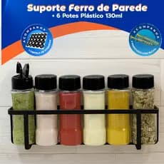 Kit 6 Porta Tempero com Suporte Ferro de Parede Pote Plástico 130ml Tempero Condimentos Especiarias