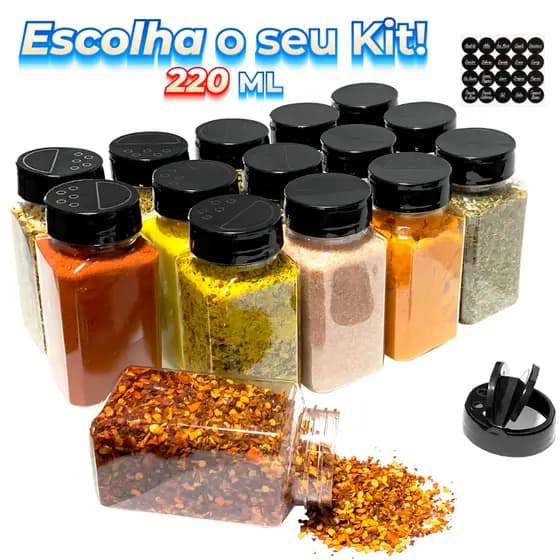 Potes Tempero Condimento 220ml Tampa Dupla Reforçada com Etiquetas Para Cozinha - Escolha seu Jogo