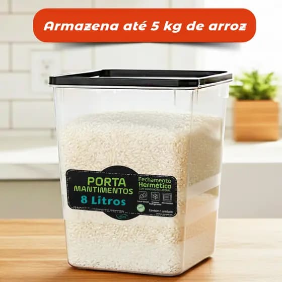 1 Pote Hermético Grande Capacidade 8 Litros P/ Cozinha Armário Dispensa 100% Vedação Resistente