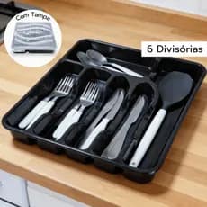 1 Porta Talher com 6 Divisórias Preto Resistente com Tampa