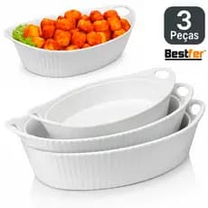 Conjunto Jogo de  Assadeiras 3 peças Travessas Oval em Melanina Bestfer PMG Branca opaline