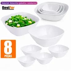 Conjunto Jogo de tigelas 8 peças Travessas Quadrada em Melanina Lisa opaline kit tigela Branca