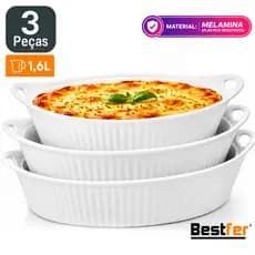 Conjunto Jogo de  Assadeiras 3 peças Travessas 1,6L Oval em Melanina Bestfer PMG Branca opaline