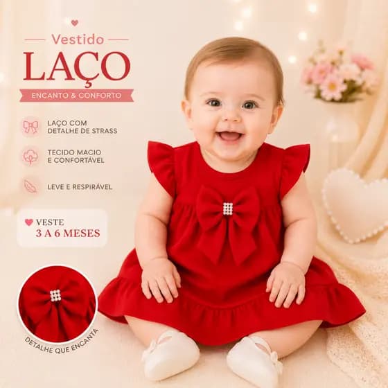 Vestido Bebê Menina Infantil  Festa 3 á 6 Meses Manga Curta Estilo Princesa Laço Elegante