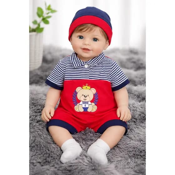 Macacão Jardineira Bebê Menino Ursinho c/ Chapéu Gorro 0 á 3 Meses Gola Polo Azul / Vermelho Verão