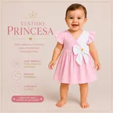 Vestido Infantil Bebê Menina Rosa com Laço Branco | Vestido Princesa Festa Aniversário 3 á 6 Meses