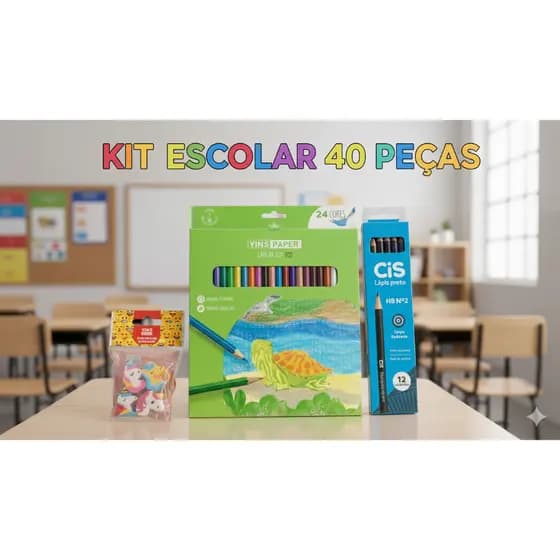 Kit Escolar Completo 40 Peças Lápis de Cor e de Escrever + Borracha Ponteira Divertidas Emoticons