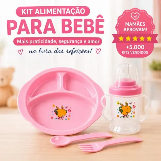 Pratinho de Alimentação para Bebê Kit com 4 Peças Prato com 4 Divisórias Copo com Bico de Mamadeira