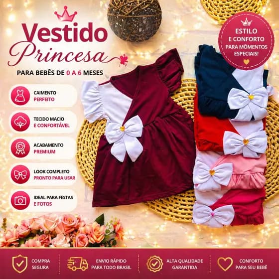 Vestido Bebê Menina Infantil Princesa 3 á 6 Meses Festa Transpassado Laço na Cintura e Manga Curta