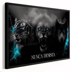 Quadro decorativo Motivacional Nunca desista Tigre Branco Leão e Lobo olhos azuis 1 peça