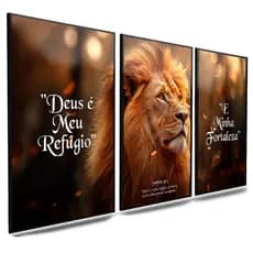 Quadro decorativo religioso Deus é meu refugio e minha fé e leão de judá 3 peças
