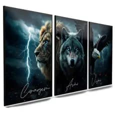 Quadro decorativo CORAGEM, AÇÃO E VISÃO frases motivacionais, leão,lobo e aguia raio fundo azul