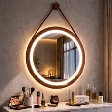 Espelho Adnet Com Touch e Led 3 Cores Jateado com borda em Couro Premium 40 a 60cm