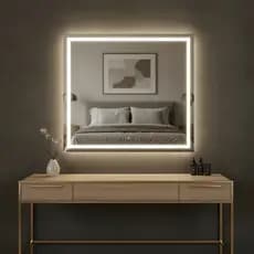 Espelho Quadrado 40cm a 60cm Com LED de 3 Cores Jateado Lapidado Banheiro Maquiagem Salão de Beleza