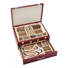 Faqueiro Inox 84 Peças Talheres Banhado OURO ou PRATEADO Maleta Madeira LANÇAMENTO