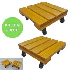 Kit 2 Suportes Base Vaso Plantas Madeira Rodinhas 20cm.