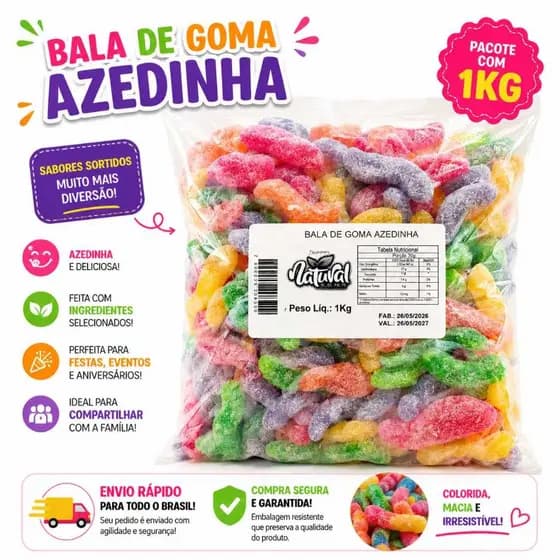 Bala de Goma Azedinha Minhoca Colorida 500g ou 1kg Doces para Festa Aniversário Mesa de Doces