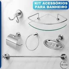 kit Acessórios Para Banheiro Aço Inox + Prateleira Porta Shampoo de Vidro Canto Resistente